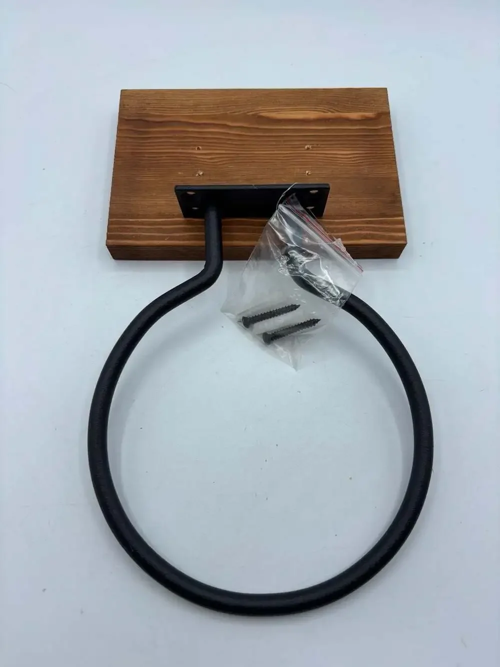 MyGift Wall-Mounted Industrial Wood and Black Metal Ring Storage Holder, Set of